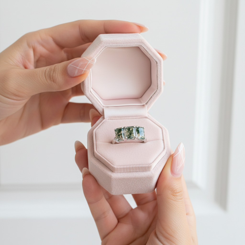 Three Stone Emerald Cut Moss Agate Ring-Black Diamonds New York