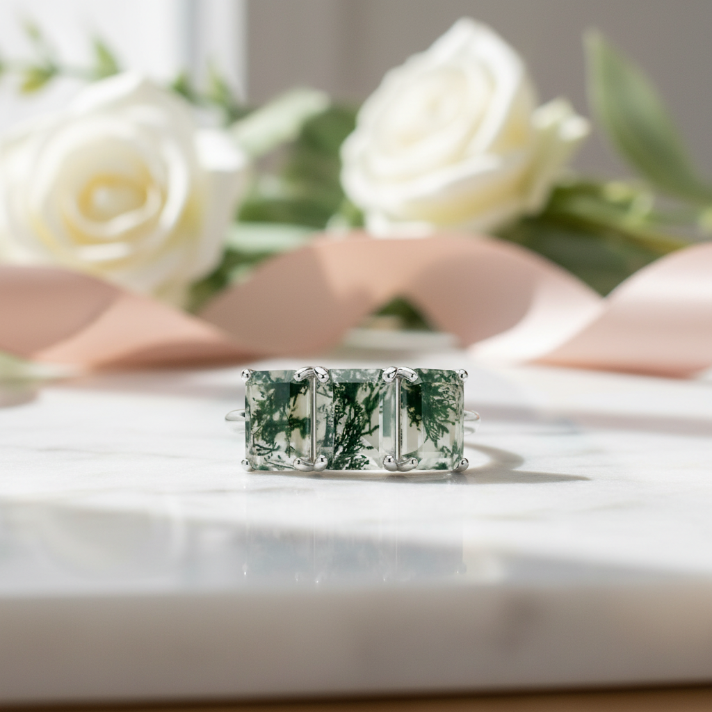 Three Stone Emerald Cut Moss Agate Ring-Black Diamonds New York