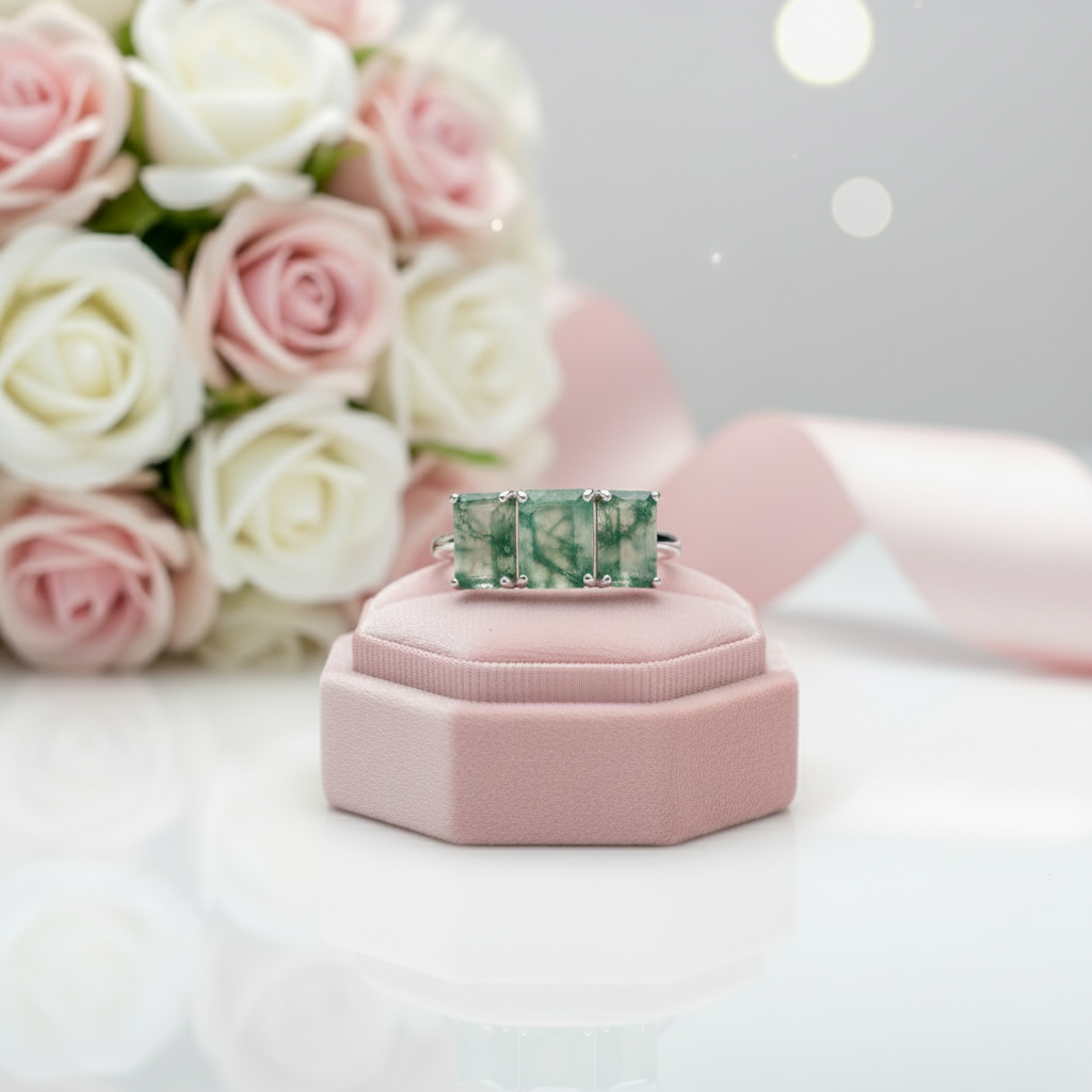 Three Stone Emerald Cut Moss Agate Ring-Black Diamonds New York