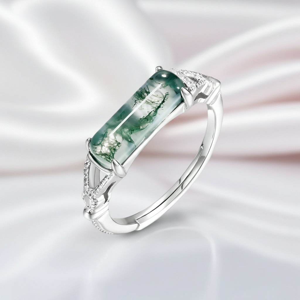 Natural Moss Agate Split Shank Ring-Black Diamonds New York