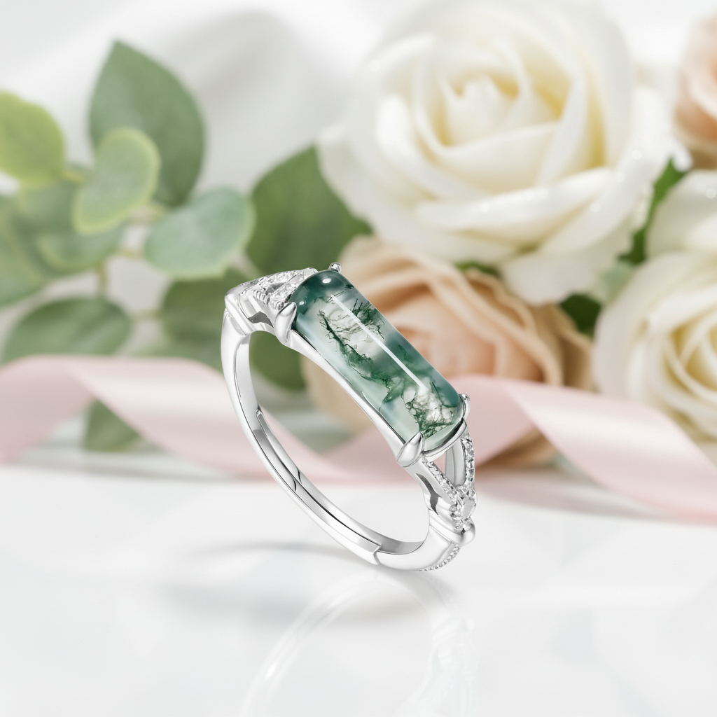 Natural Moss Agate Split Shank Ring-Black Diamonds New York