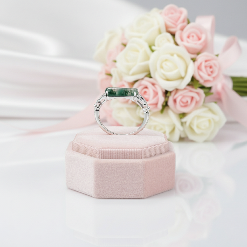 Natural Moss Agate Split Shank Ring-Black Diamonds New York