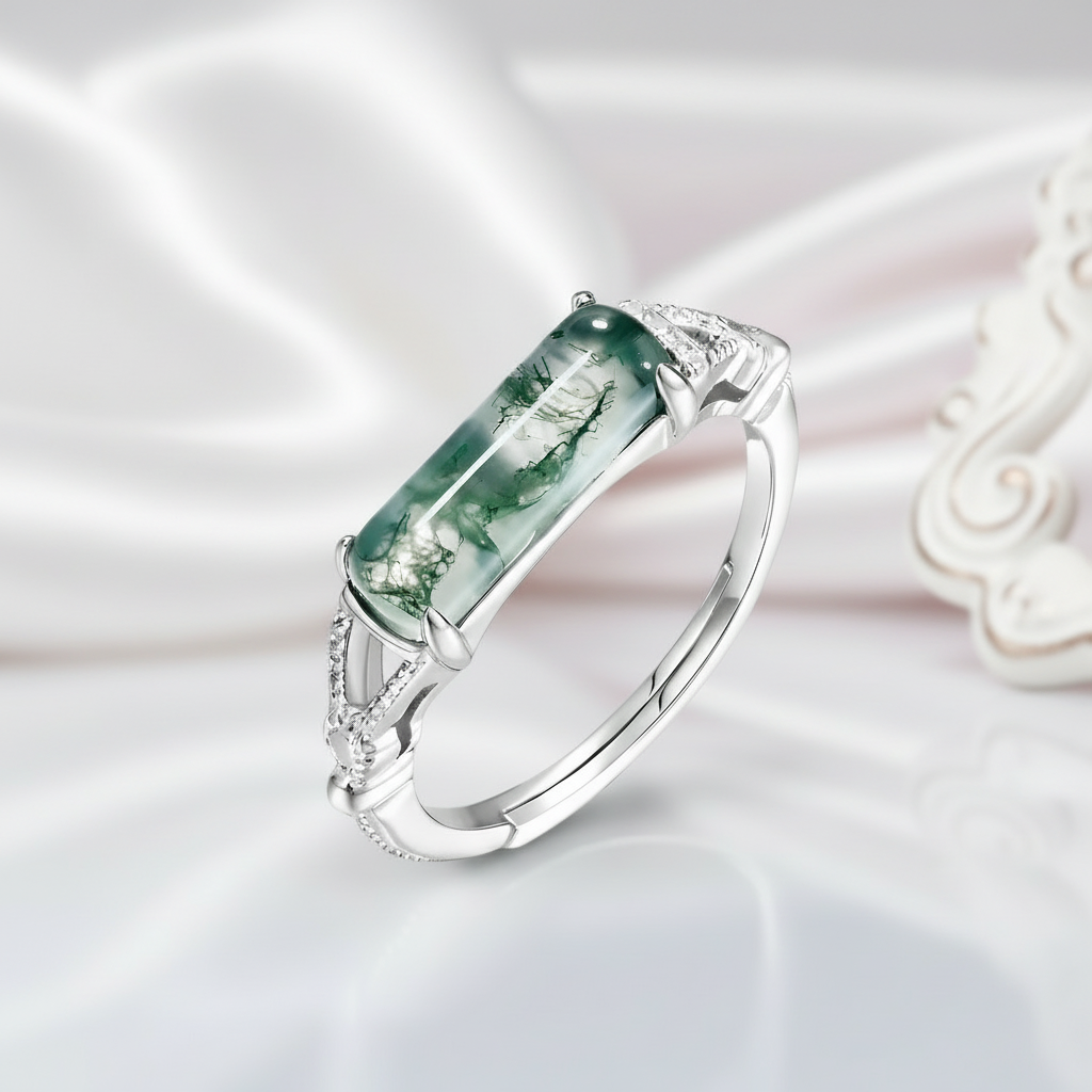 Natural Moss Agate Split Shank Ring-Black Diamonds New York