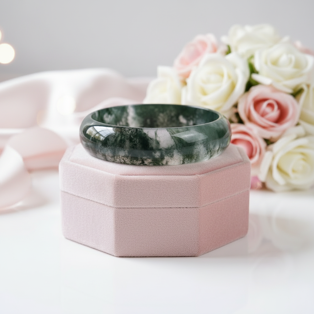 Aquatic Moss Agate Bangle-Black Diamonds New York