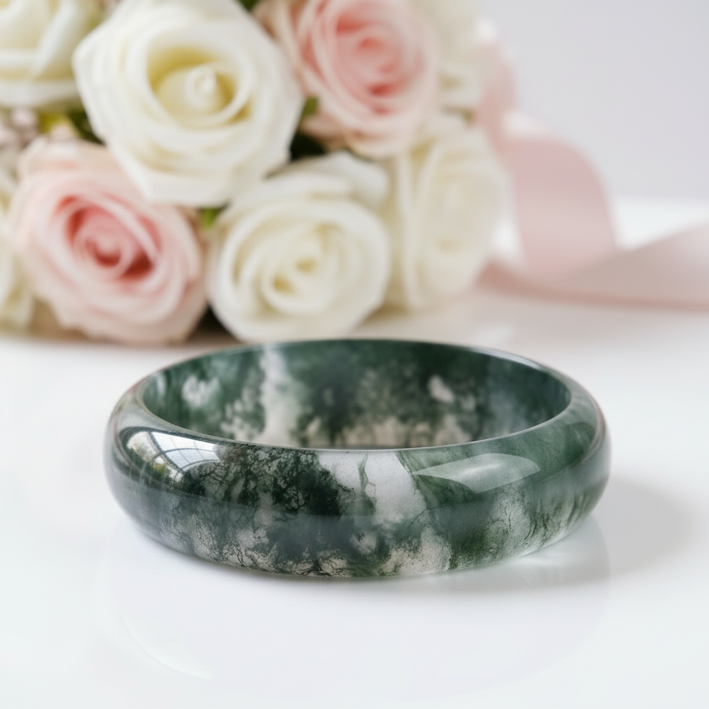 Aquatic Moss Agate Bangle-Black Diamonds New York
