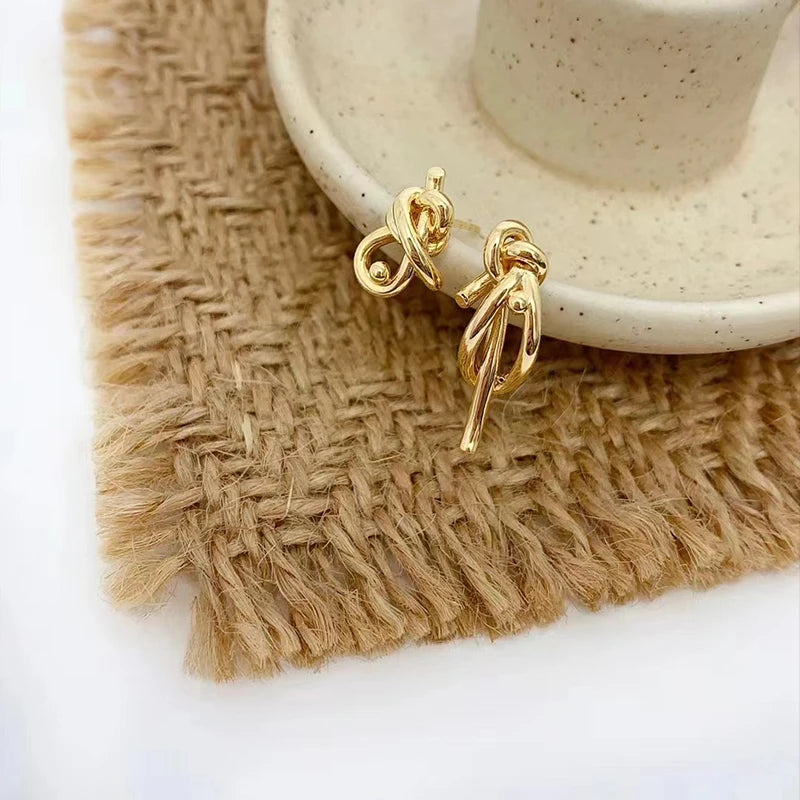 18k Yellow Gold Simple Knot Earrings-Black Diamonds New York