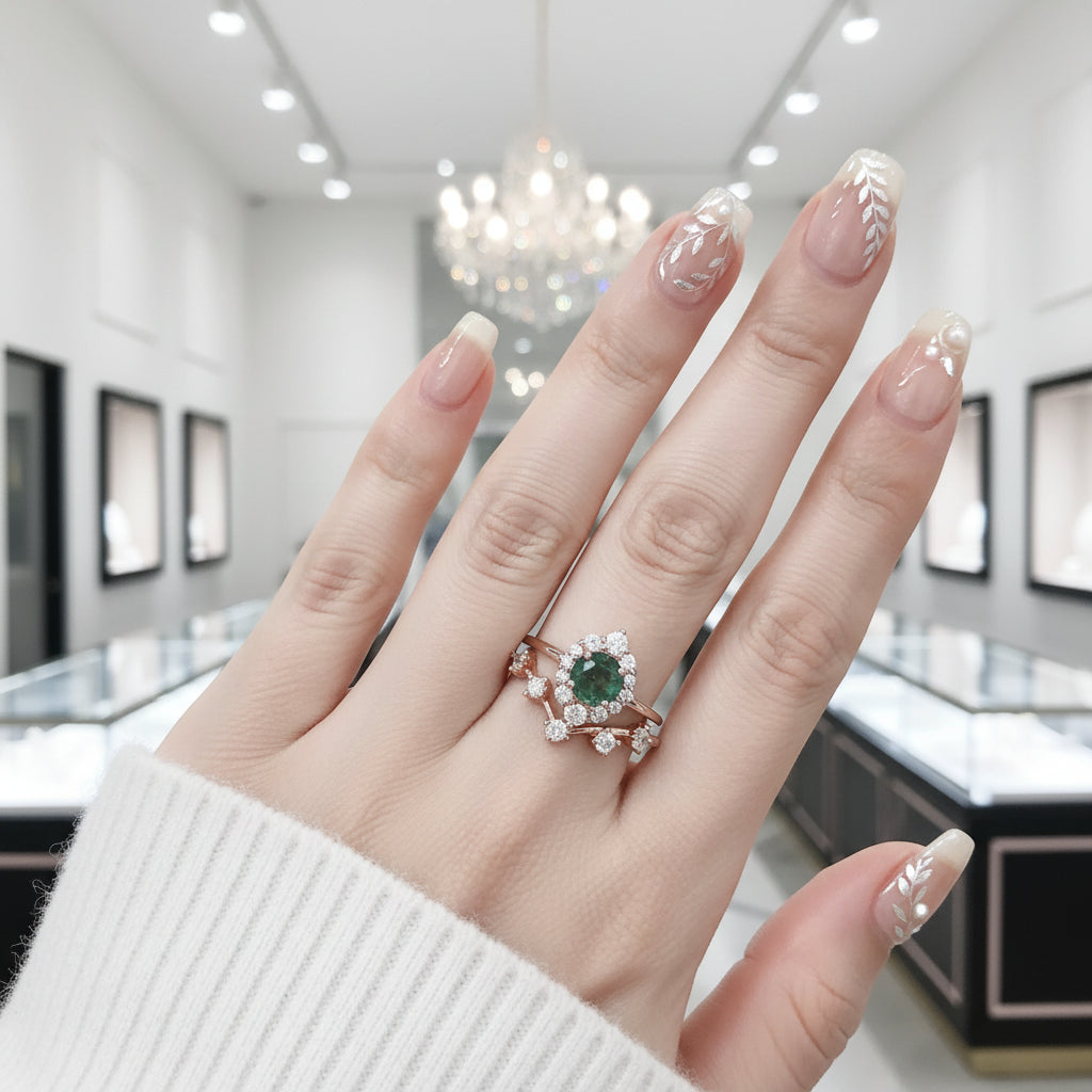 Vintage Moss Agate Halo Promise Chevron Cluster Engagement Ring Set-Black Diamonds New York