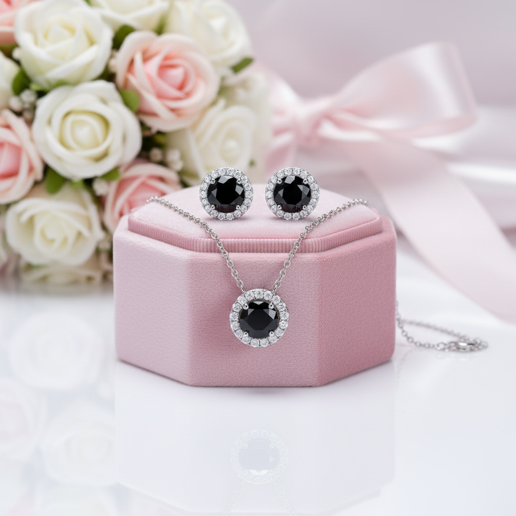 Black Certified Moissanite Pendant Necklace and Stud Earrings Sets-Black Diamonds New York