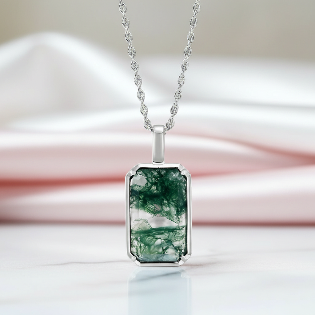 Emerald Cut Moss Agate Necklace-Black Diamonds New York