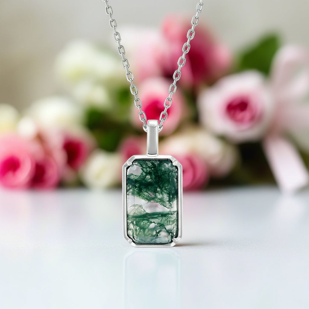 Emerald Cut Moss Agate Necklace-Black Diamonds New York