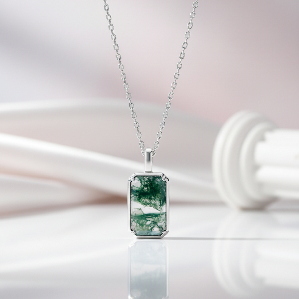 Emerald Cut Moss Agate Necklace-Black Diamonds New York