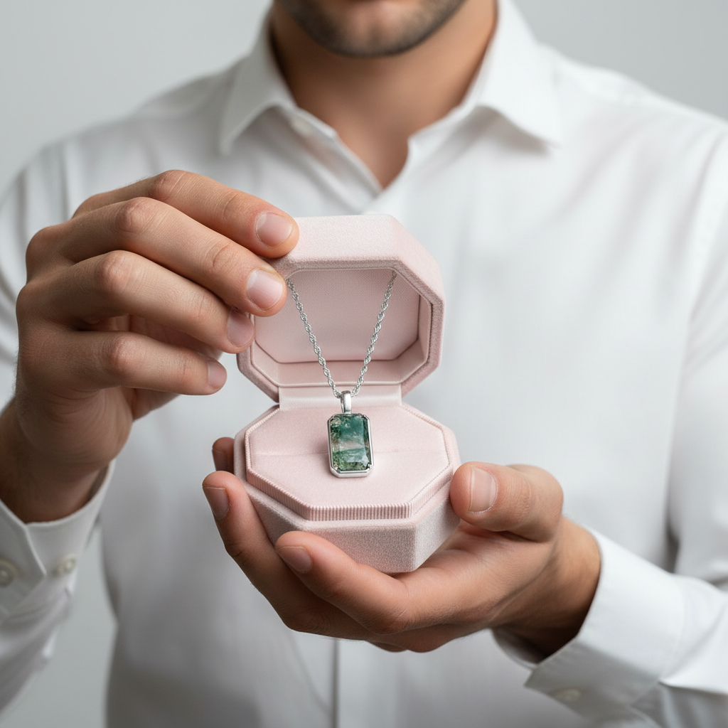 Emerald Cut Moss Agate Necklace