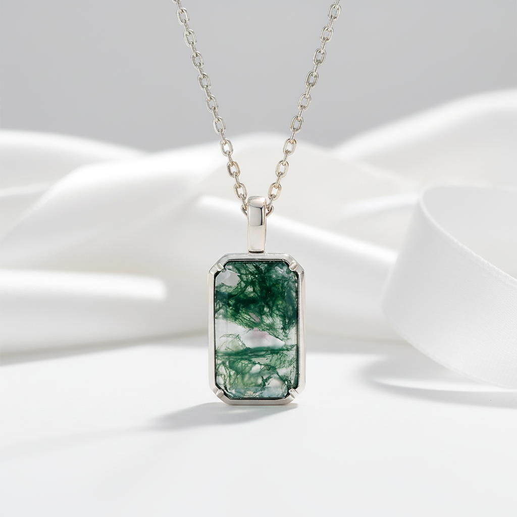 Emerald Cut Moss Agate Necklace-Black Diamonds New York