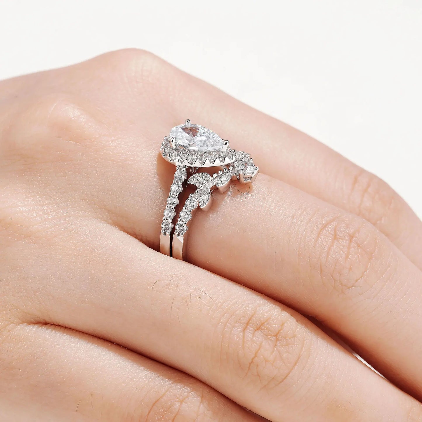 Pear Cut Created Diamond Leaf Engagement Ring Set-Black Diamonds New York