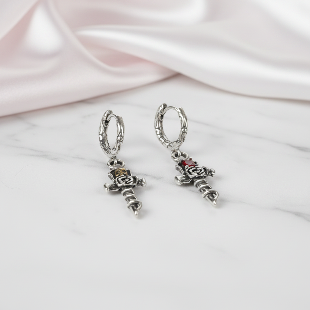 Vintage Gold Skull Rose Earrings-Black Diamonds New York