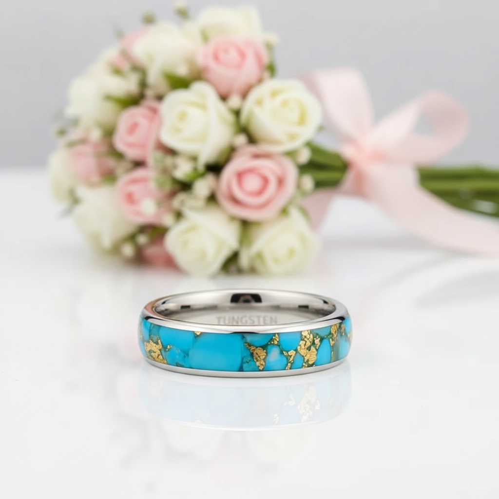 6mm Blue Turquoise Tungsten Carbide Ring-Black Diamonds New York