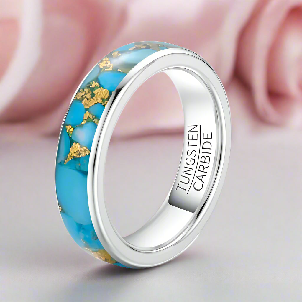 6mm Natural Blue Turquoise Tungsten Carbide Ring-Black Diamonds New York