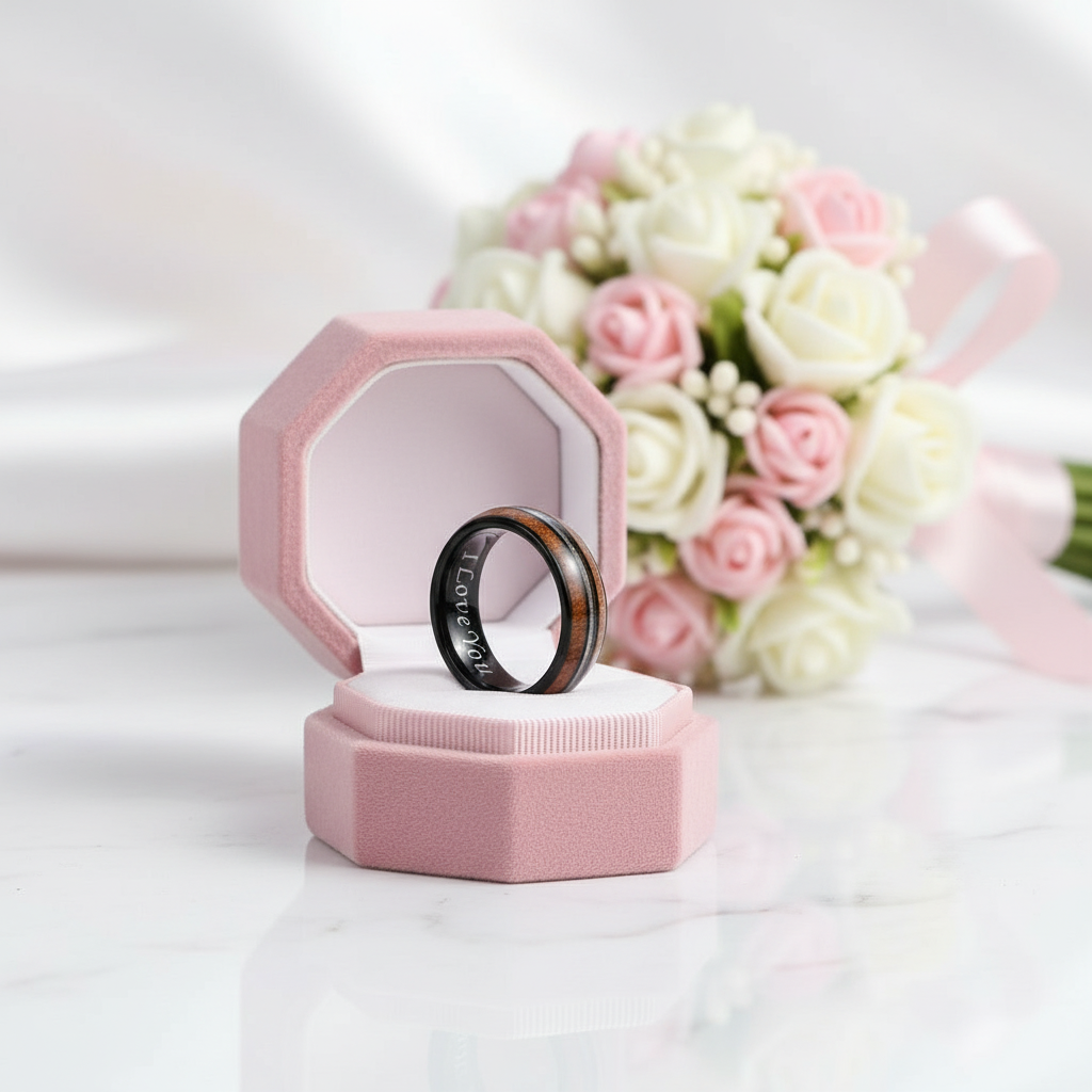 Koa Wood and Abalone Shell Inlay Tungsten Carbide Men's Ring-Black Diamonds New York