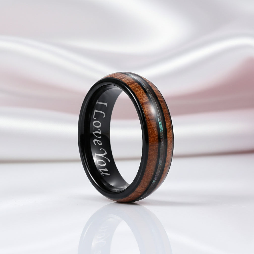 Koa Wood and Abalone Shell Inlay Tungsten Carbide Men's Ring-Black Diamonds New York