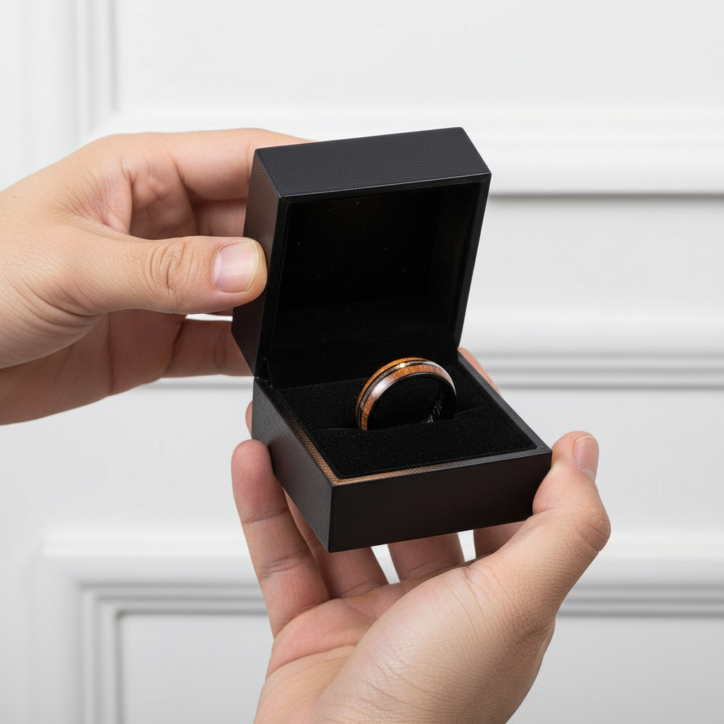 Koa Wood and Abalone Shell Inlay Tungsten Carbide Men's Ring-Black Diamonds New York