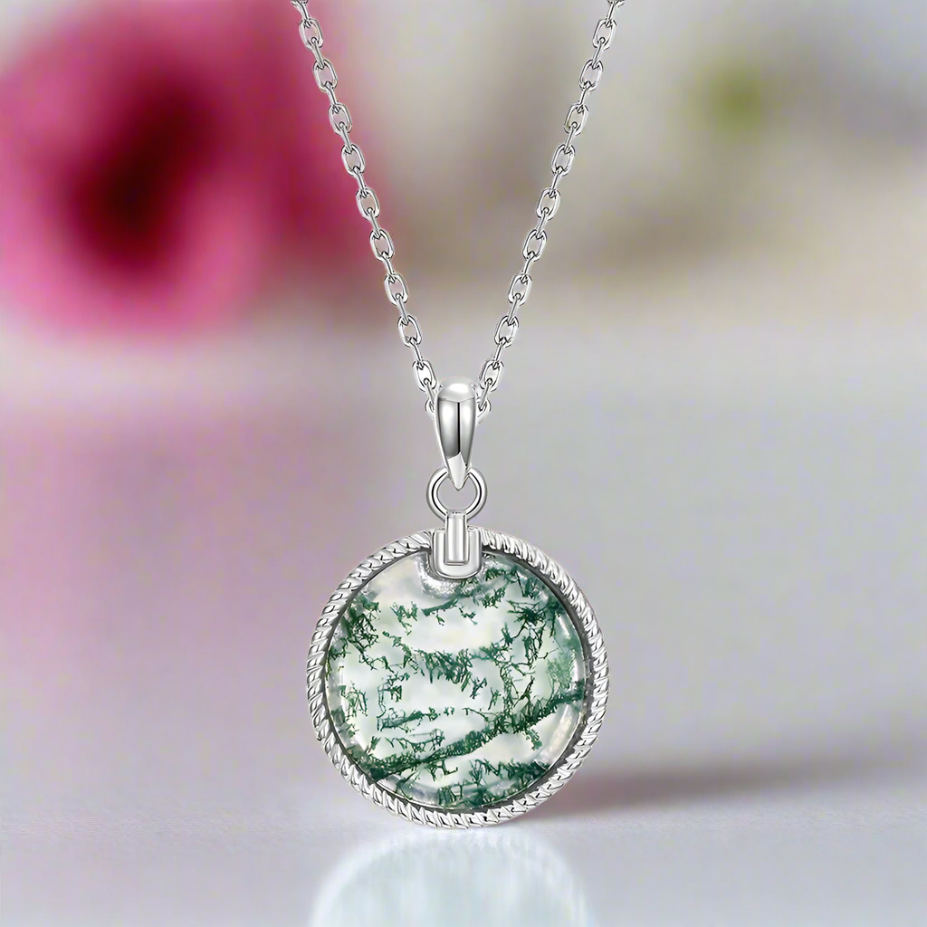 Unique Round Moss Agate Pendant Necklace-Black Diamonds New York