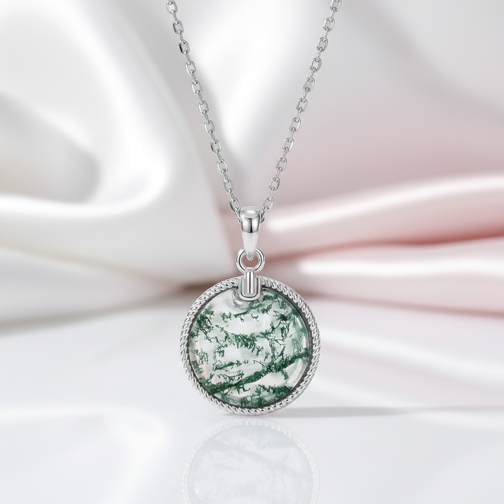 Unique Round Moss Agate Pendant Necklace-Black Diamonds New York