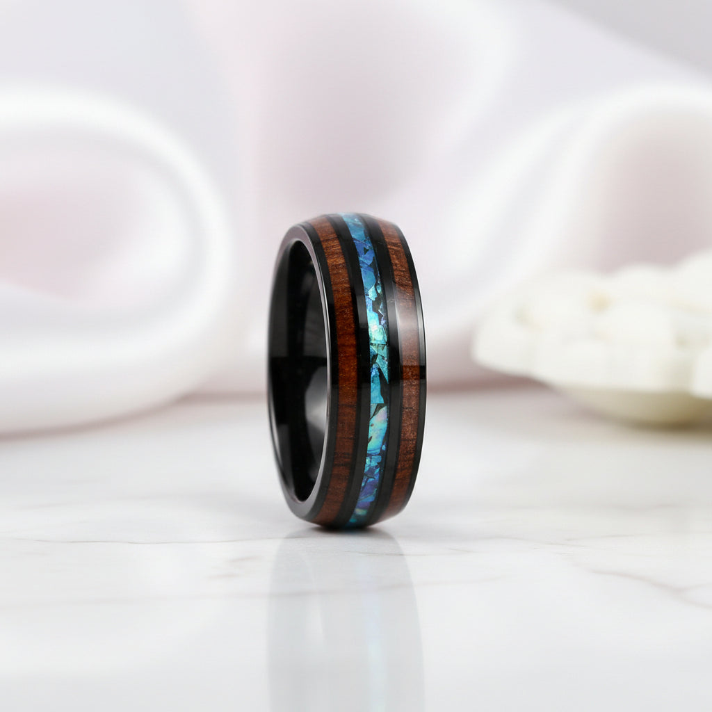 Koa Wood and Abalone Shell Inlay Tungsten Carbide Men's Ring-Black Diamonds New York