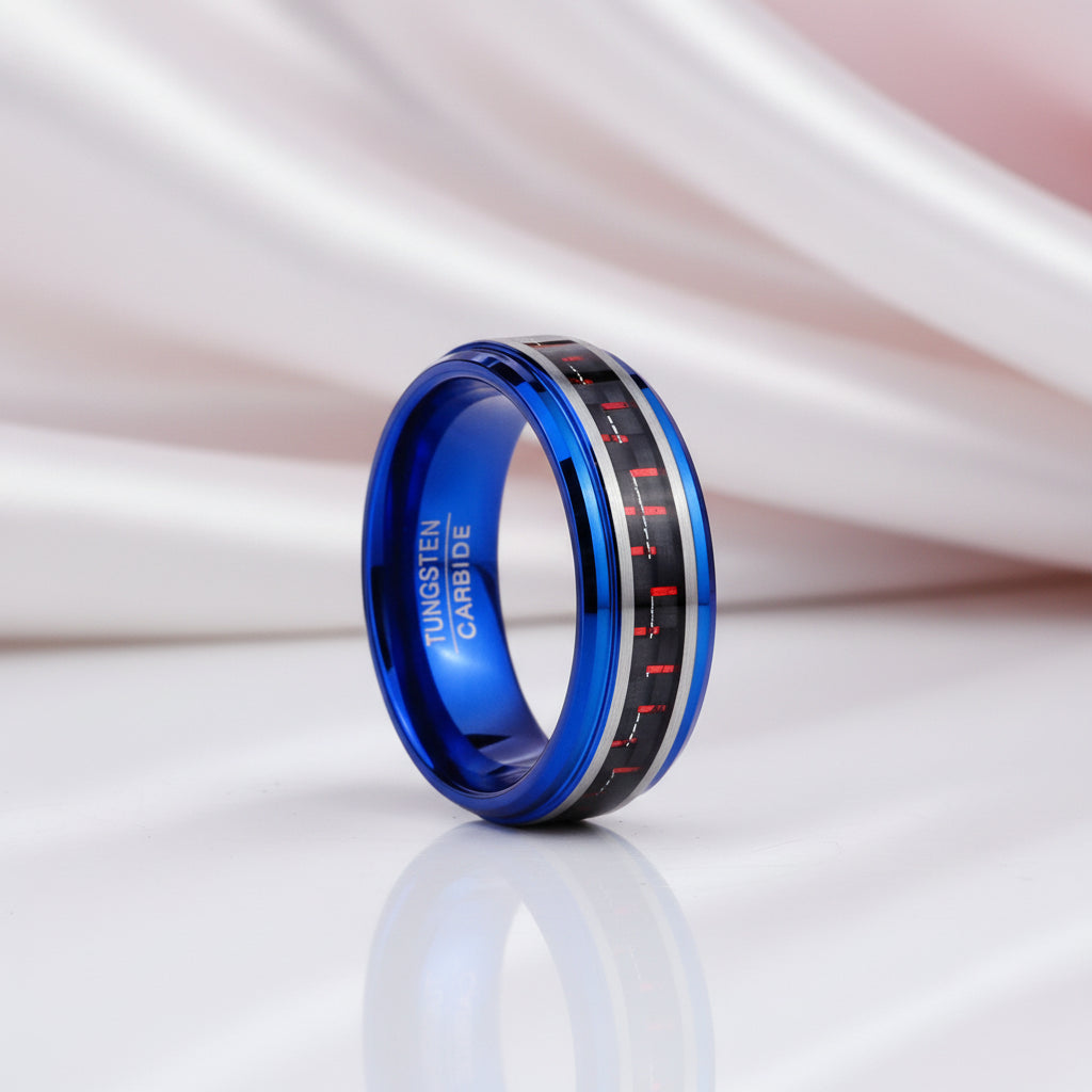 Blue Beveled Edge Tungsten Men's Ring with Red Carbon Fiber Inlay-Black Diamonds New York