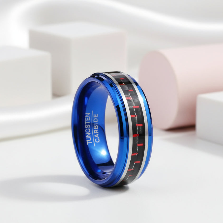 Blue Beveled Edge Tungsten Men's Ring with Red Carbon Fiber Inlay-Black Diamonds New York