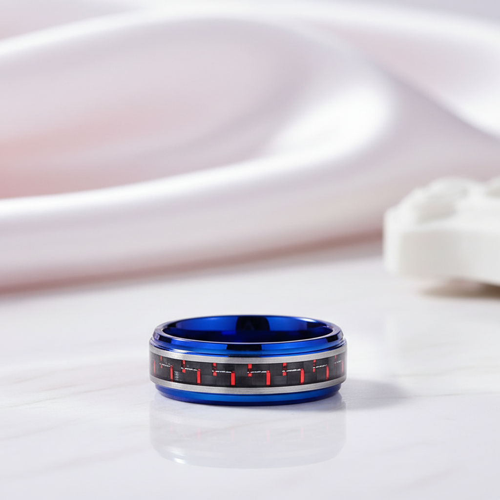 Blue Beveled Edge Tungsten Men's Ring with Red Carbon Fiber Inlay-Black Diamonds New York