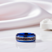 Blue Beveled Edge Tungsten Men's Ring with Red Carbon Fiber Inlay-Black Diamonds New York