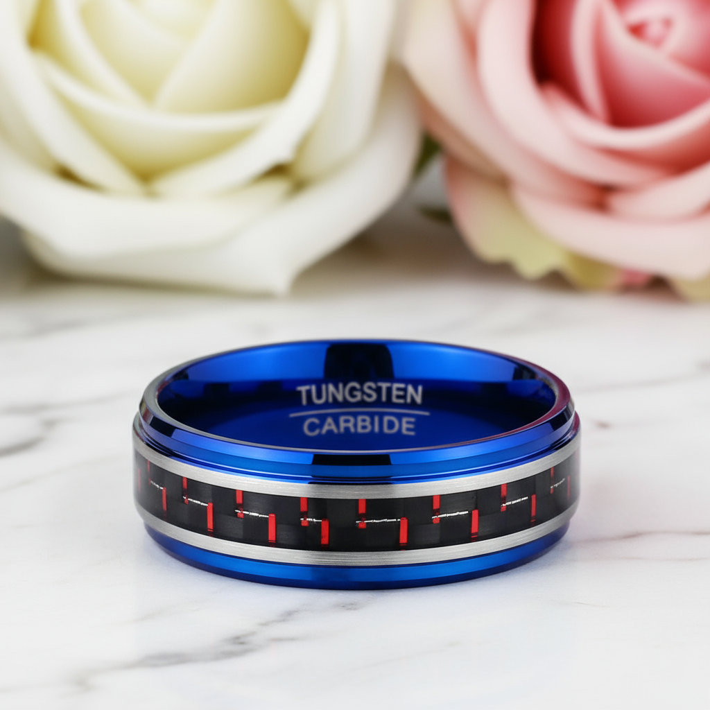Blue Beveled Edge Tungsten Men's Ring with Red Carbon Fiber Inlay-Black Diamonds New York