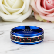 Blue Beveled Edge Tungsten Men's Ring with Red Carbon Fiber Inlay-Black Diamonds New York
