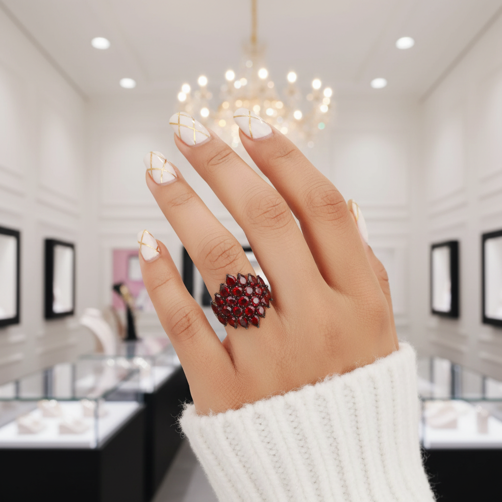 Exquisite Red Garnet Simulant Ring-Black Diamonds New York