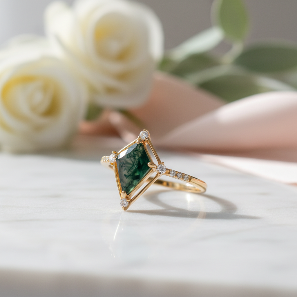 Vintage Option Kite Cut Natural Moss Agate Engagement Ring-Black Diamonds New York