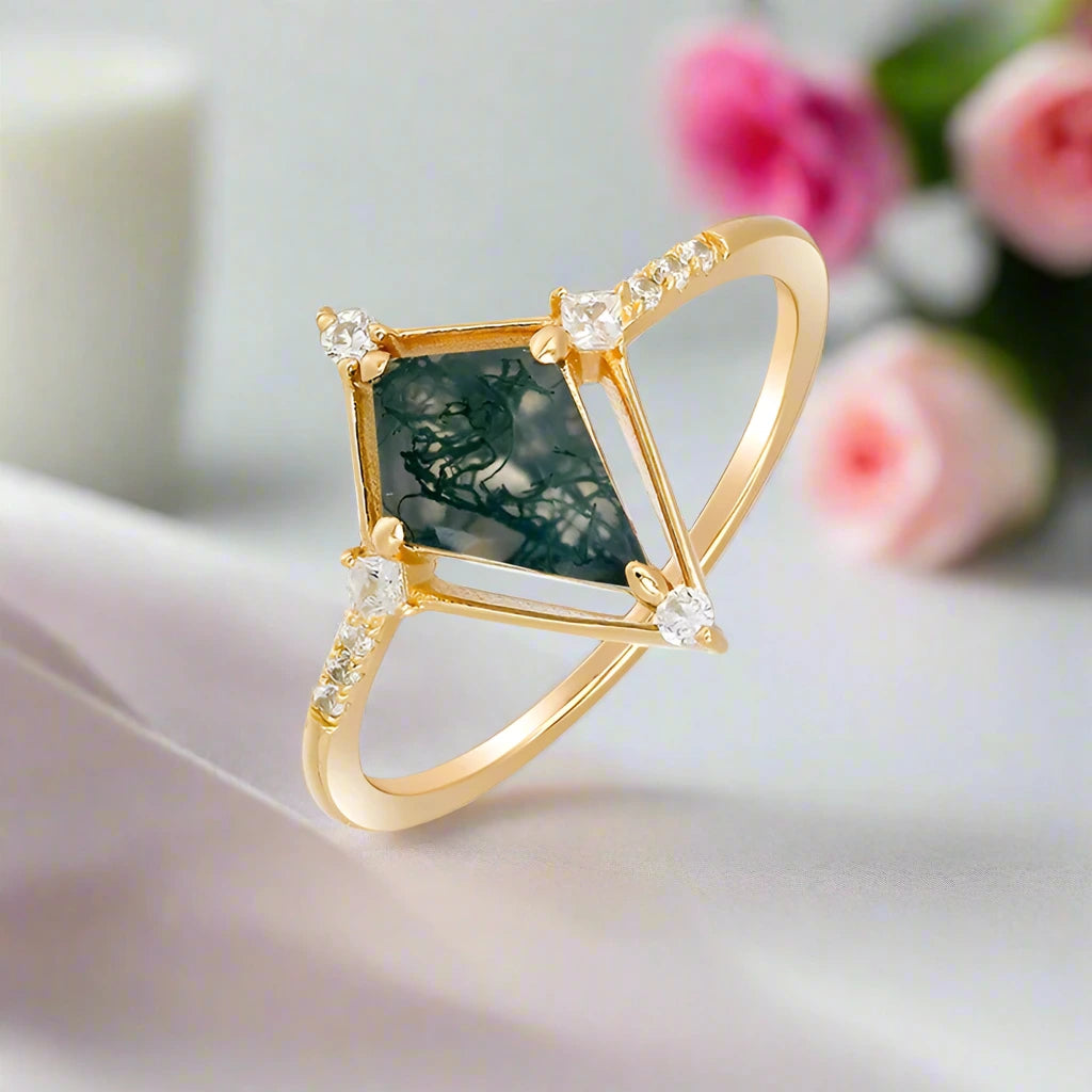 Vintage Style Kite Cut Natural Moss Agate Engagement Ring-Black Diamonds New York