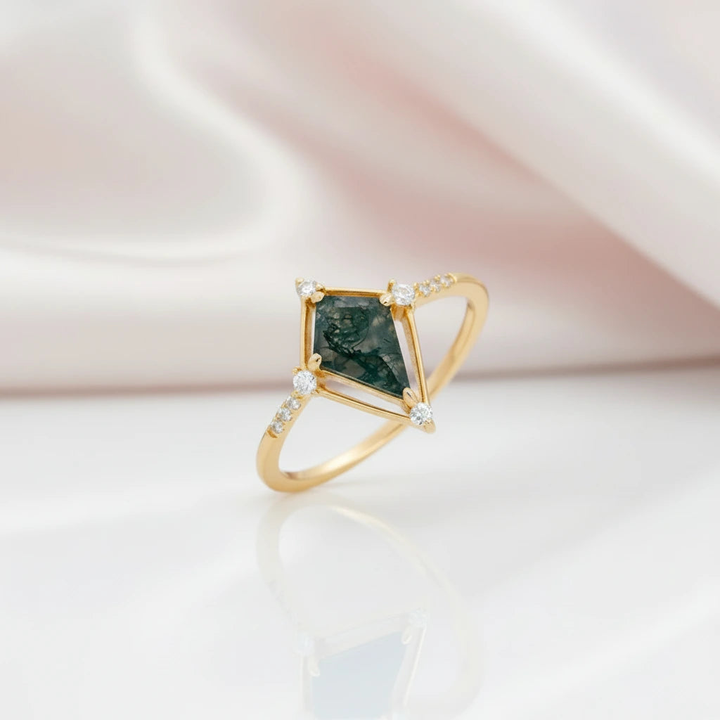 Vintage Option Kite Cut Natural Moss Agate Engagement Ring-Black Diamonds New York