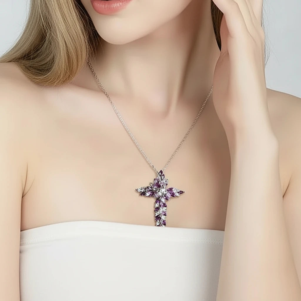 Elegant Amethyst and Tanzanite Marquise-Cut Cross Pendant Necklace-Black Diamonds New York