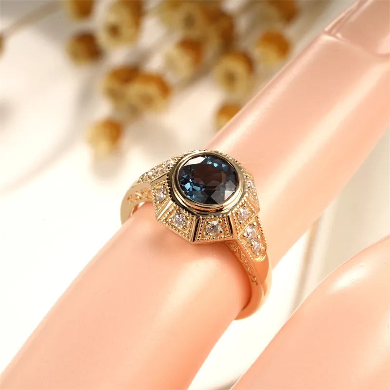 14K Yellow Gold Round Cut Alexandrite Filigree Engagement Ring-Black Diamonds New York