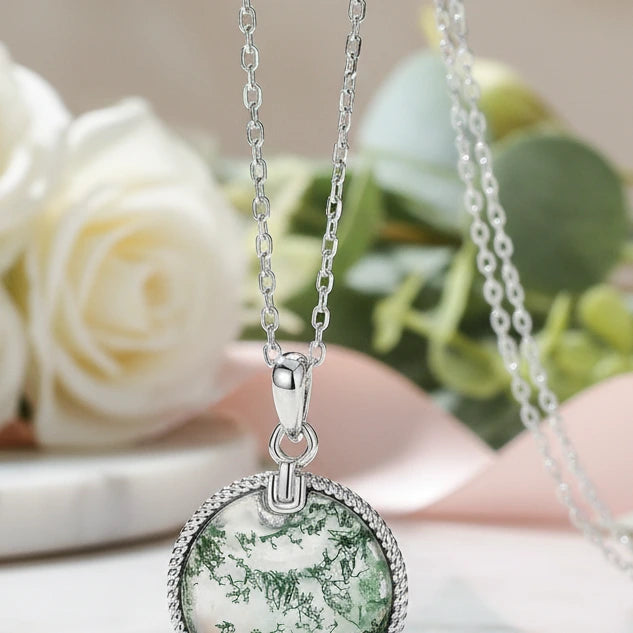 Unique Round Moss Agate Pendant Necklace-Black Diamonds New York