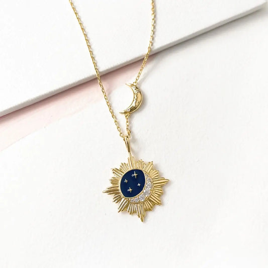 Vintage Star Moon & Sun Pendant Necklace-Black Diamonds New York