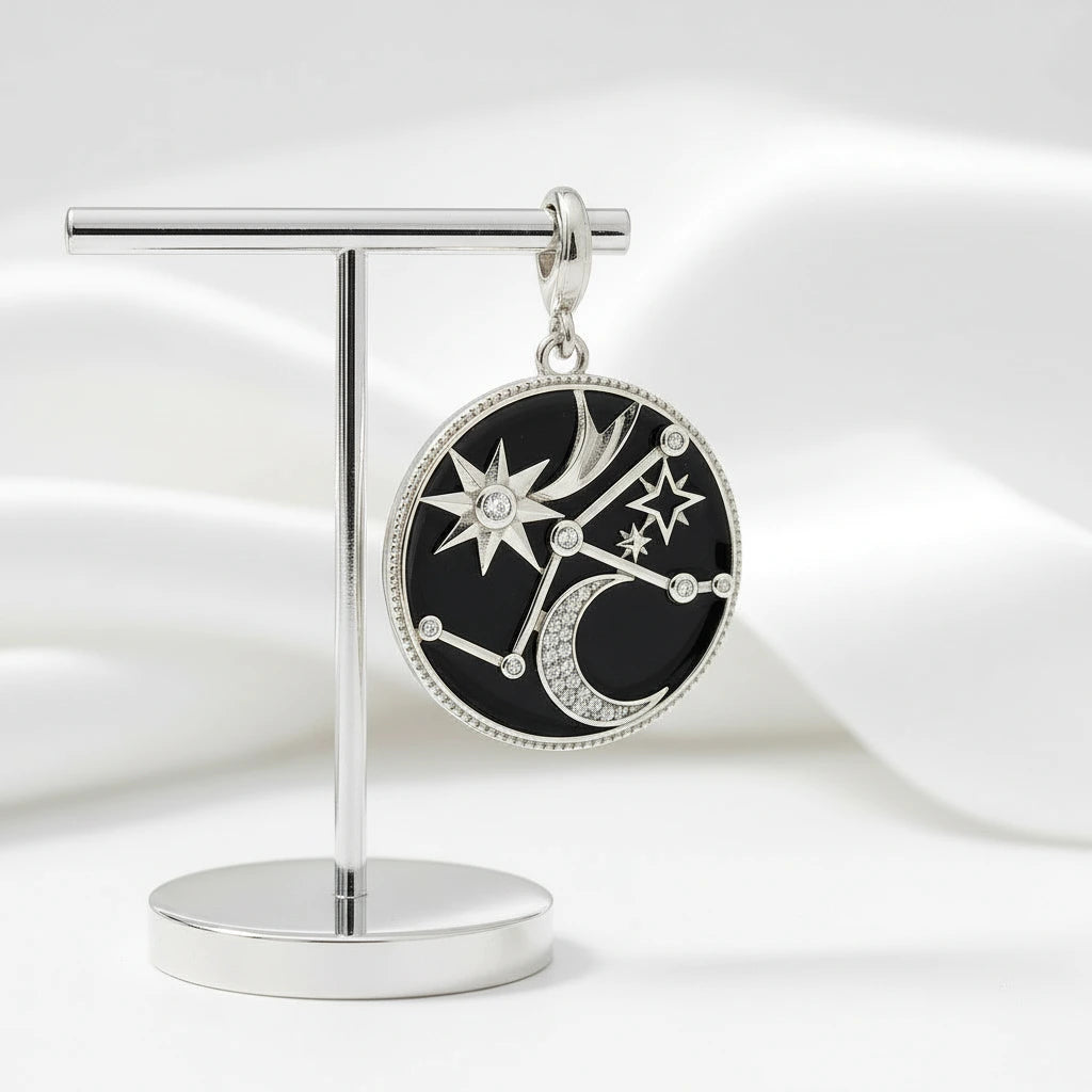 Moon and Stars Constellation Round Pendant-Black Diamonds New York