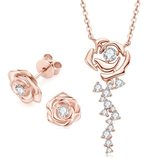 Vintage Rose Moissanite Pendant Necklace & Earrings-Black Diamonds New York