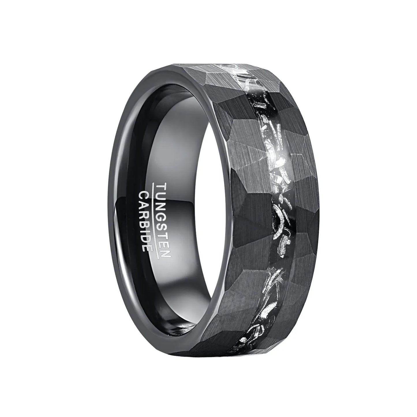 8mm Brushed Matte Black Hammered Tungsten Wedding Band with Meteorite Inlay-Black Diamonds New York