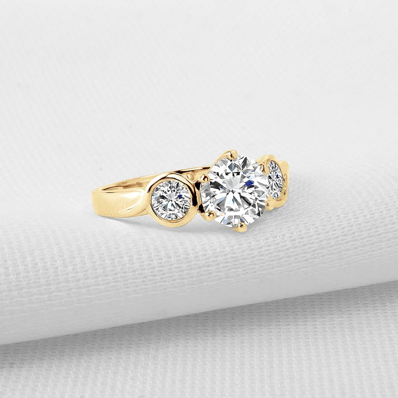 10K Solid Gold Three Stone Round Moissanite Engagement Ring-Black Diamonds New York