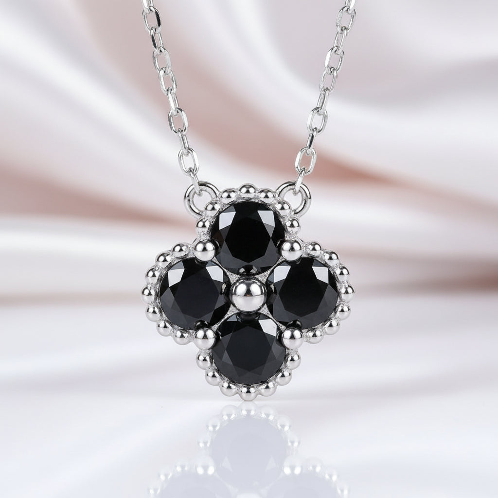 Platinum Overlay Four-Leaf Clover Certified Moissanite Necklaces-Black Diamonds New York