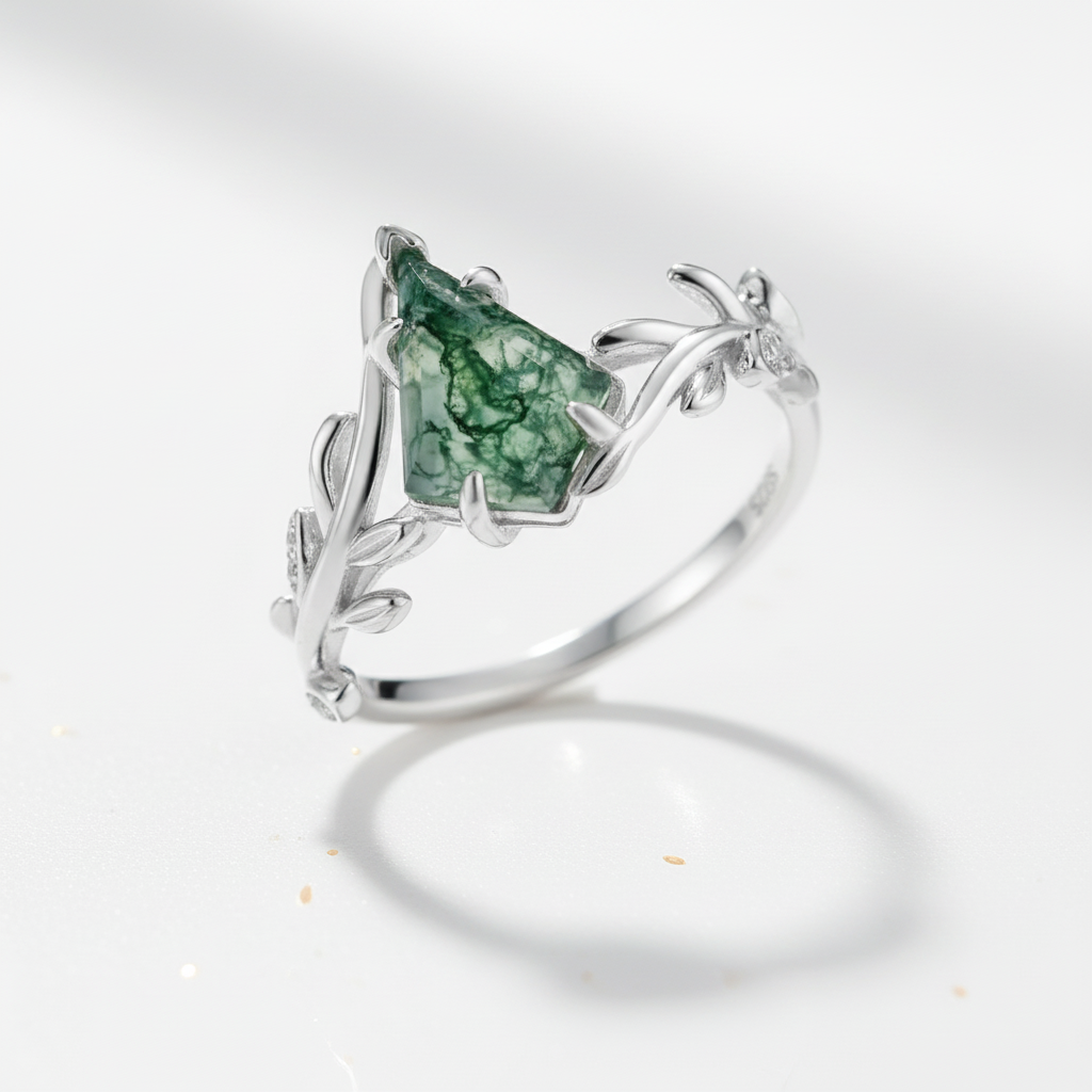 Kite Cut Natural Moss Agate Engagement Ring-Black Diamonds New York