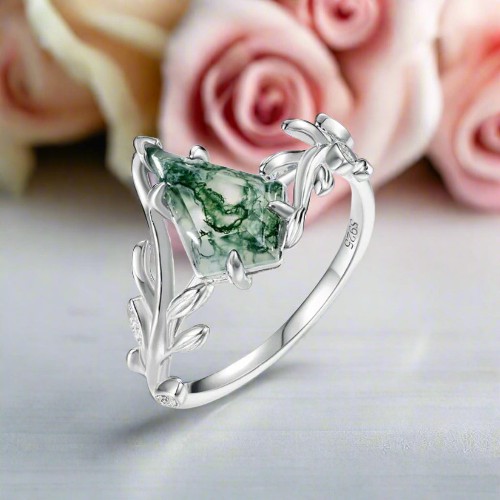 Kite Cut Natural Moss Agate Engagement Ring-Black Diamonds New York