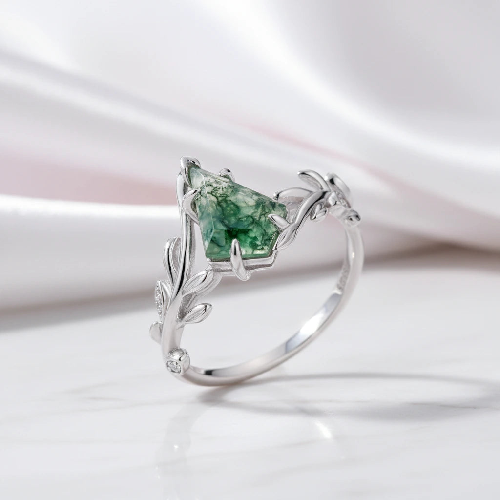 Kite Cut Natural Moss Agate Engagement Ring-Black Diamonds New York