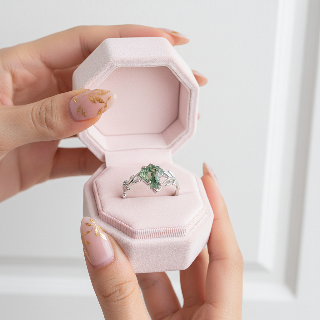 Kite Cut Natural Moss Agate Engagement Ring-Black Diamonds New York